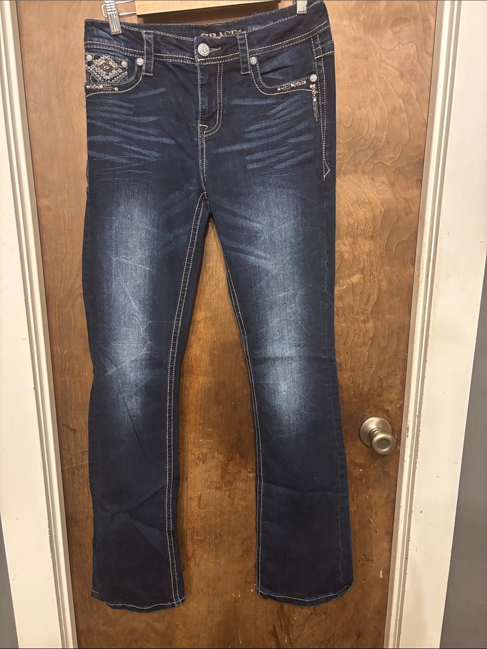 Grace Dark Blue Boot Cut Jeans with Embellished Pockets